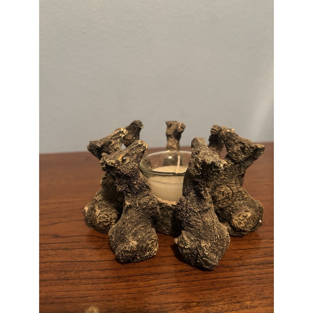 Vtg Wolf Pack Circle of Friends Candle Holder Rustic Resin Howling Wolves Decor